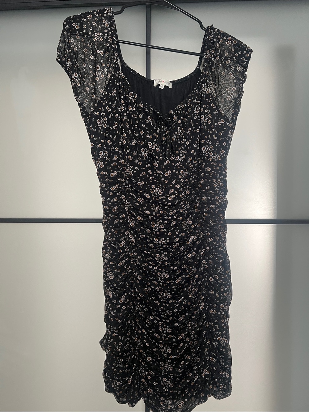 Ultra Flirt Black Floral Ruched Midi Dress